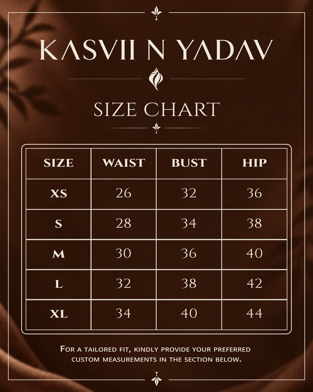 Kasvii N Yadav size chart